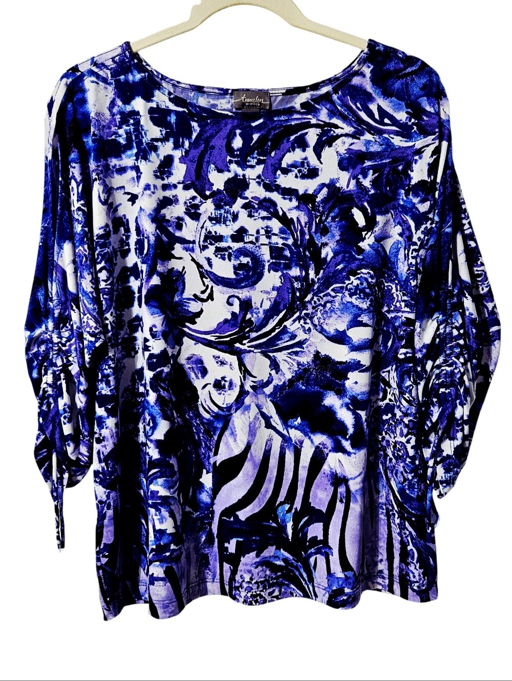 CHICO'S  Size 3 (XL) Traveler's  Ruched Sleeve Tunic Cold Shoulder Blue Purple